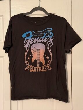 Fender Black Tee with Gradient Pink-Blue Guitar Graphic